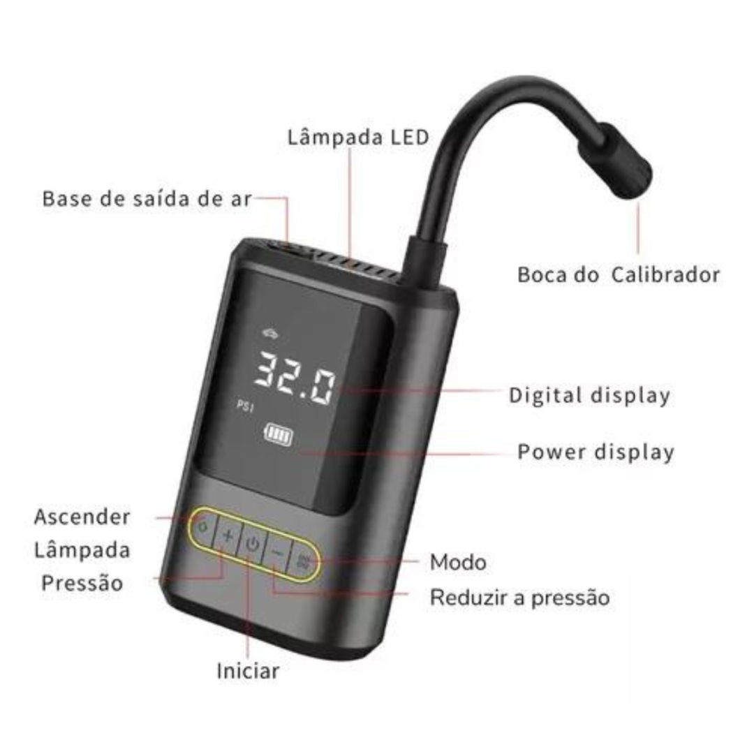 Calibrador Compressor Pneu Digital Carro Bike Moto Sem Fio