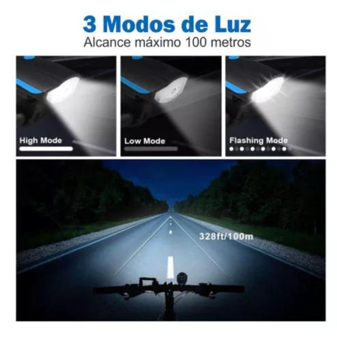 Farol de Bicicleta Led Recarregável Com Buzina