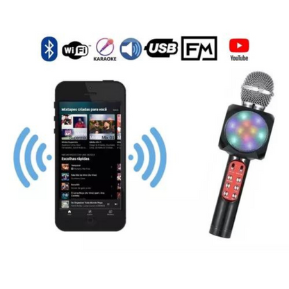 Microfone S/fio Bluetooth Karaokê Led Muda Voz