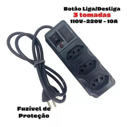 Extensão 3 Tomadas Proteção Fusível Botão On/Off