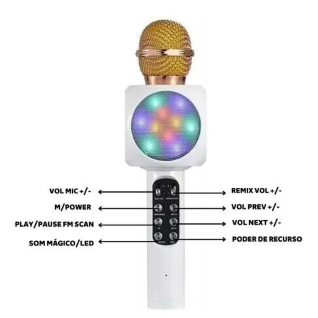 Microfone S/fio Bluetooth Karaokê Led Muda Voz
